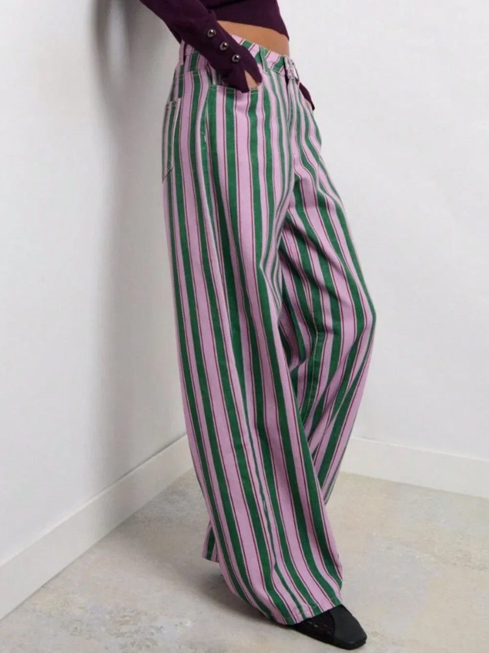 Multicolor Casual Women's Mid Waist Striped Loose Long Five Pocket Balloon Pants